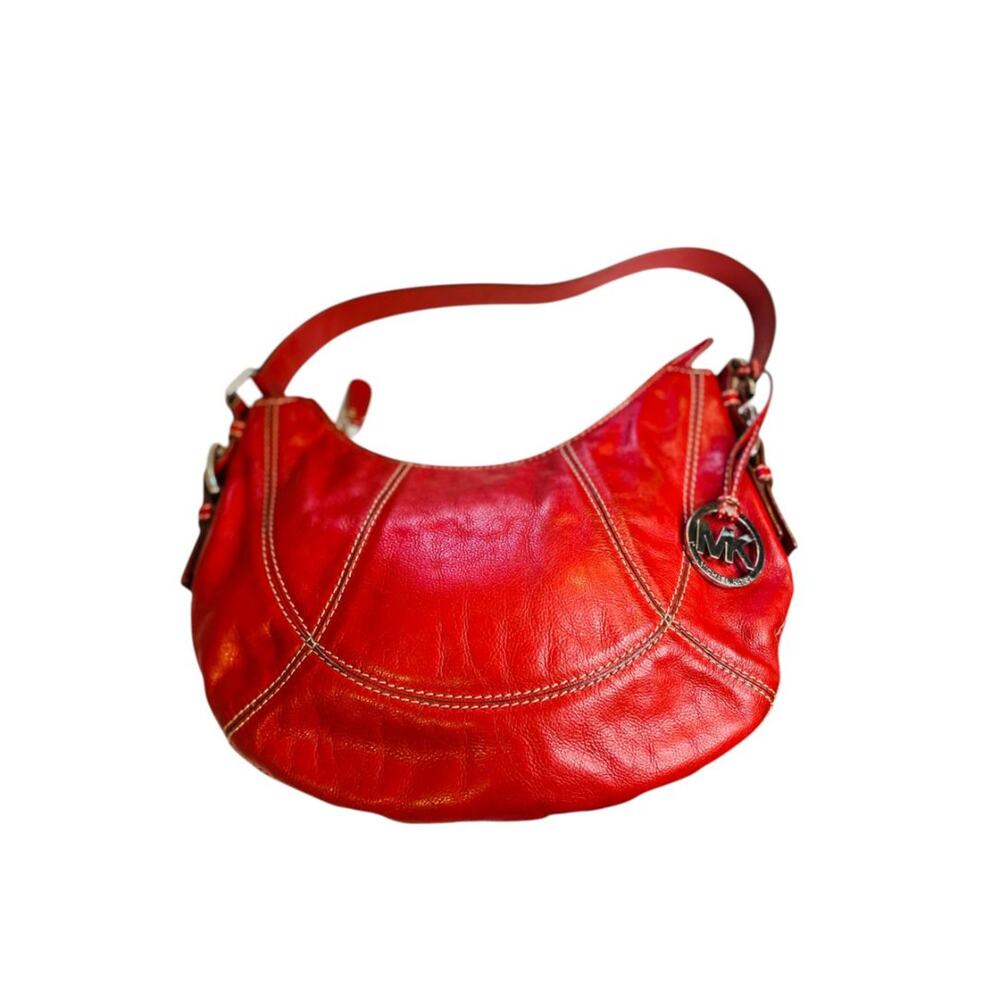 Michael Kors Red Leather Large Hobo Bag Contrast Stitch Shoulderbag